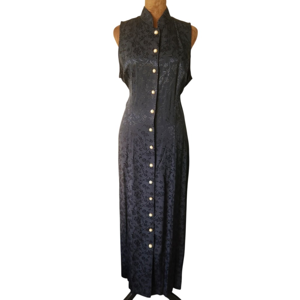 ALL THAT JAZZ Dress Y2K 90's Vintage Black‎ Button Up Satin Floral Whimsigoth